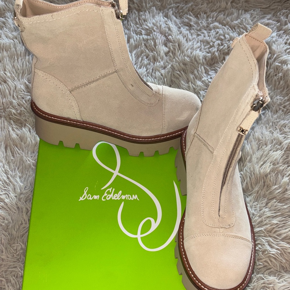 Sam Edelman Light Beige Suede Platform Ankle Booties